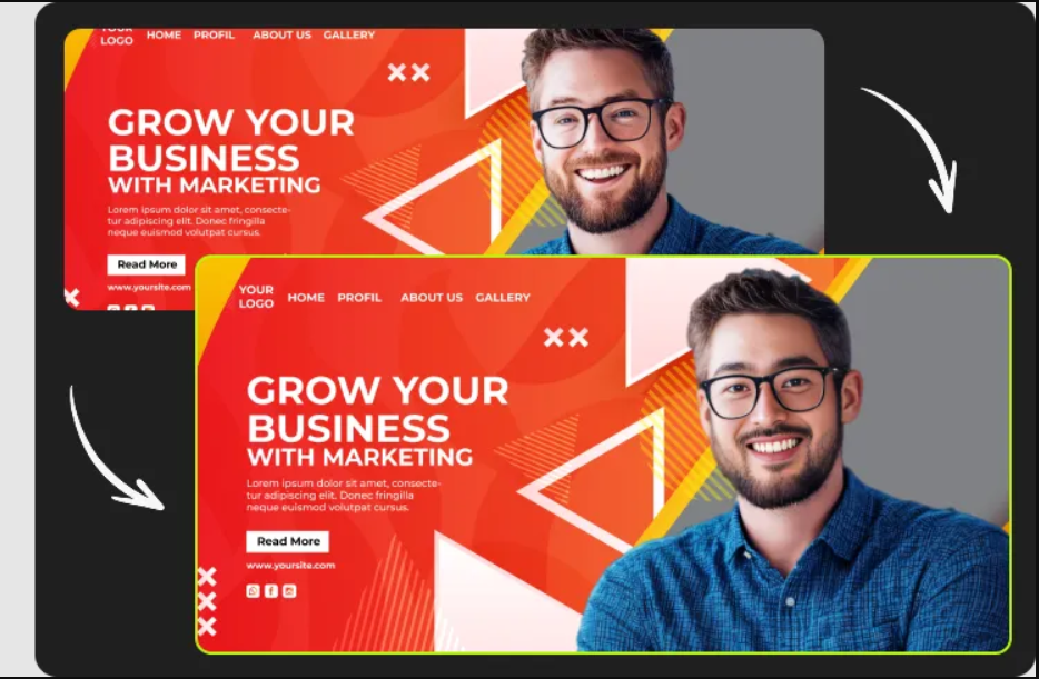 A photograph showing A couple of banners with a man smiling and a woman smiling.