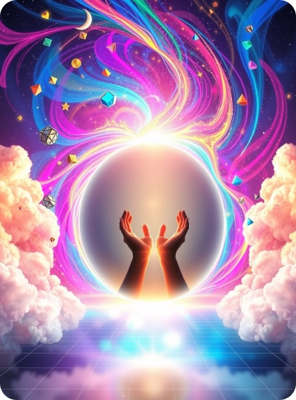 A vibrant, swirling portal with glowing hands inviting entry into a dreamscape.