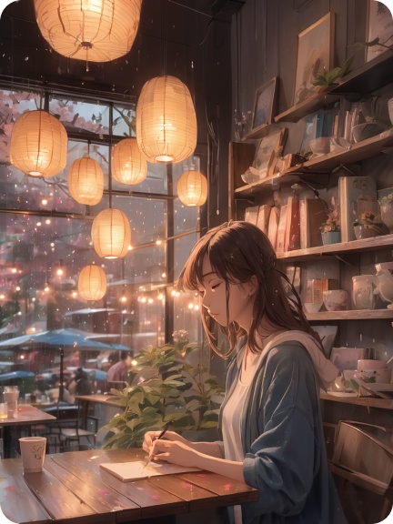 A quiet café scene with stylized anime characters in cozy outfits, surrounded by warm lighting and pastries.