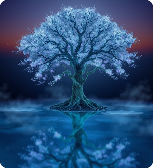 A glowing, dreamlike tree in a crystal lake under twin moons.