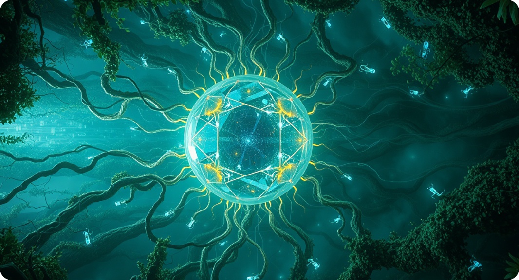 A glowing techno-organic node pulsing in a dense bioluminescent forest.