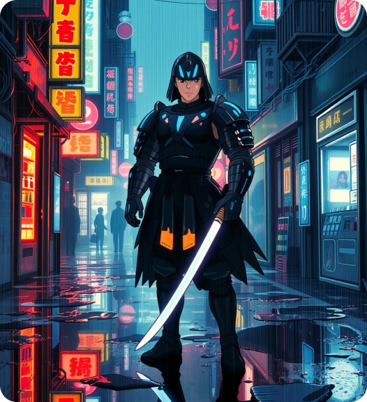 A futuristic samurai on a neon-lit street, with rain reflecting city lights.